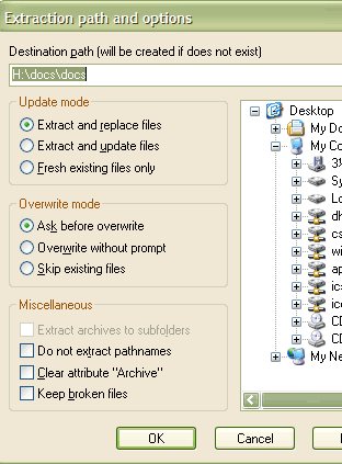 winrar - extract files dialogue box